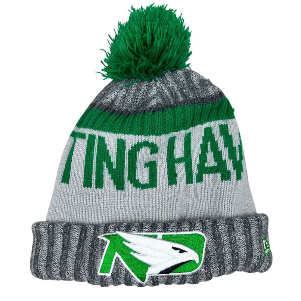 New Era North Dakota‎ Fighting Hawks Beanie Pom Pom Knit Cap Green Gray